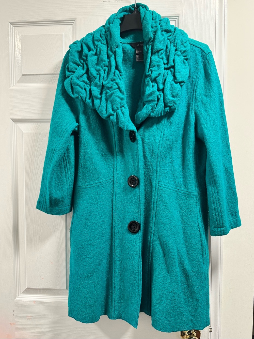 Ali Miles Teal Ruffled Collar Pea Coat